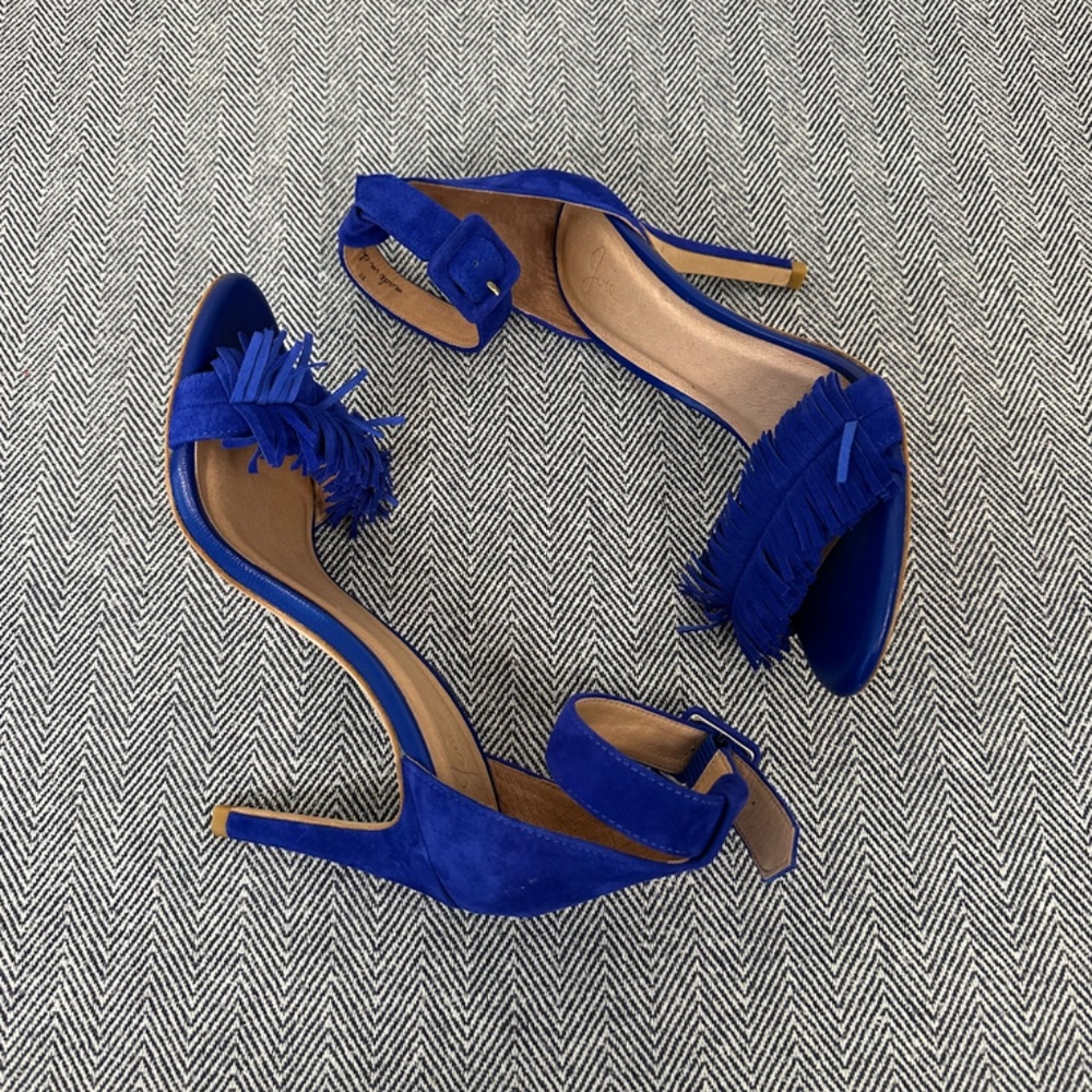JOIE - Suede Pippi Naked Suede Fringe Royal Blue Heeled Ankle Strap Sand… - Picture 5 of 7